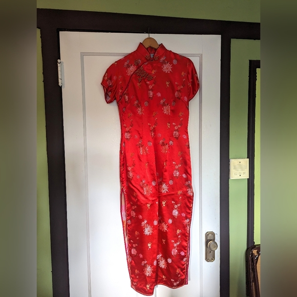 Vintage Long Red Satin Floral Asian Cheongsam Qipao Dress large 10 - Picture 4 of 5